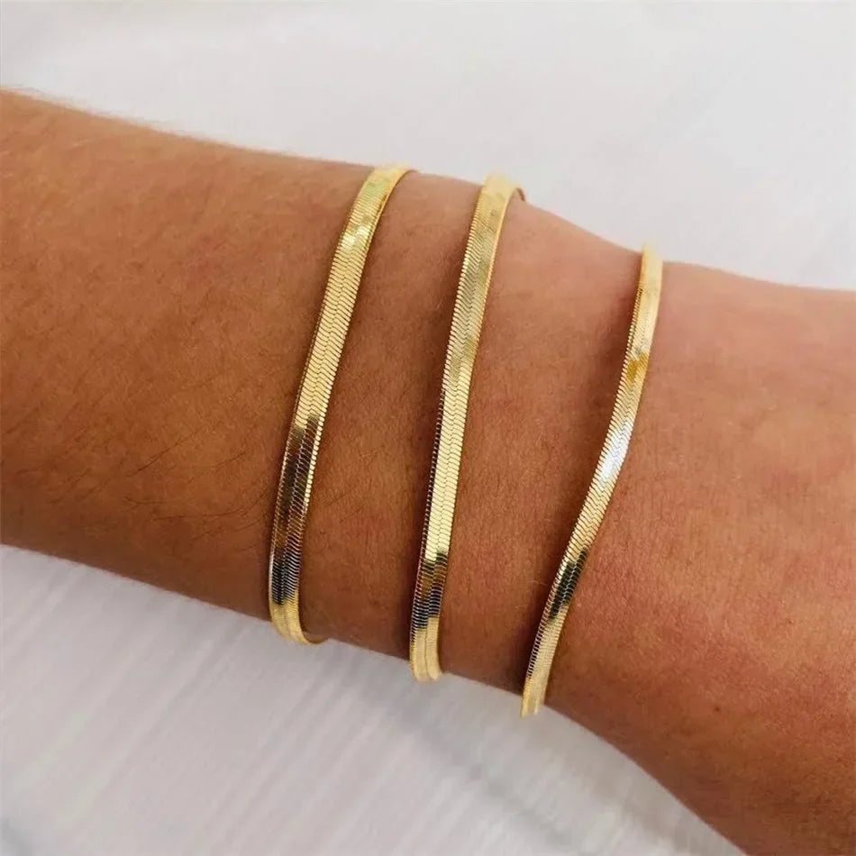 SUNIBI Women Trend Classic Snake Chain Bracelet Gold Color Width 2/3/4/5MM Stainless Steel Chain Bracelet For Women Jewelry Gift