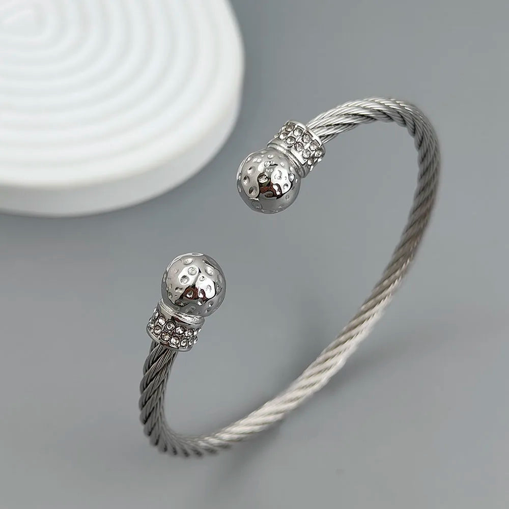 Wire twisted double ball zirconia stainless steel gold plated 18K bracelet, high quality waterproof silver jewelry, couple gift