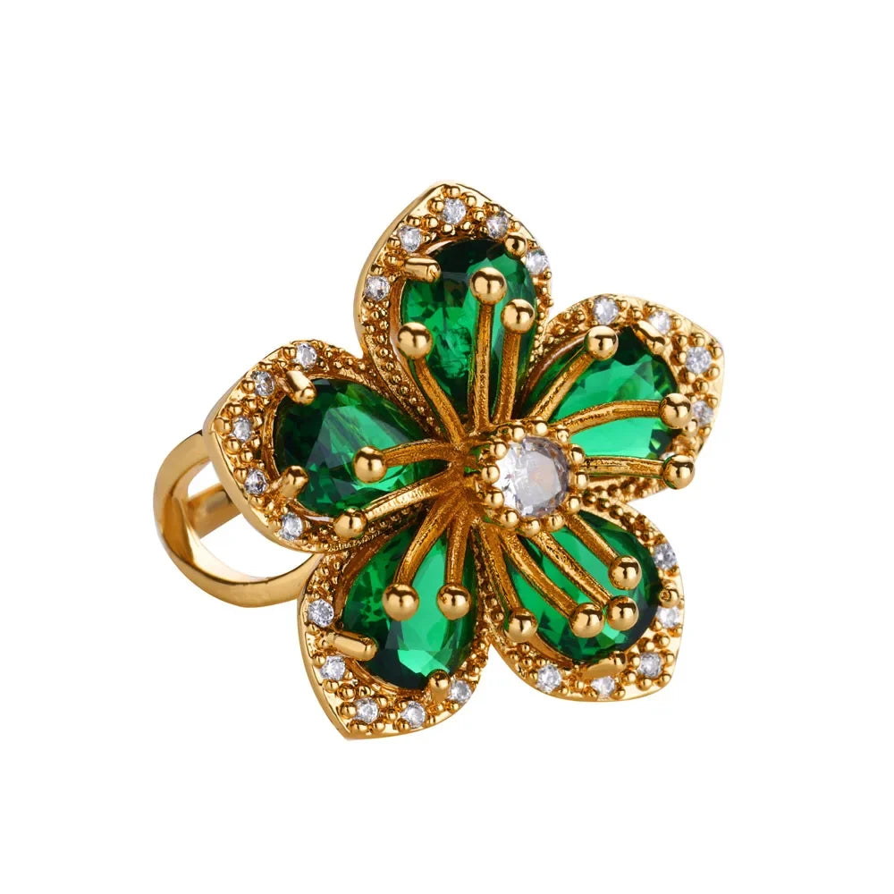 Luxury Colorful Zircon Flower Rings For Women Gold Color Stainless Steel Opening Ring Fashion Wedding Party Aesthetic Jewelry