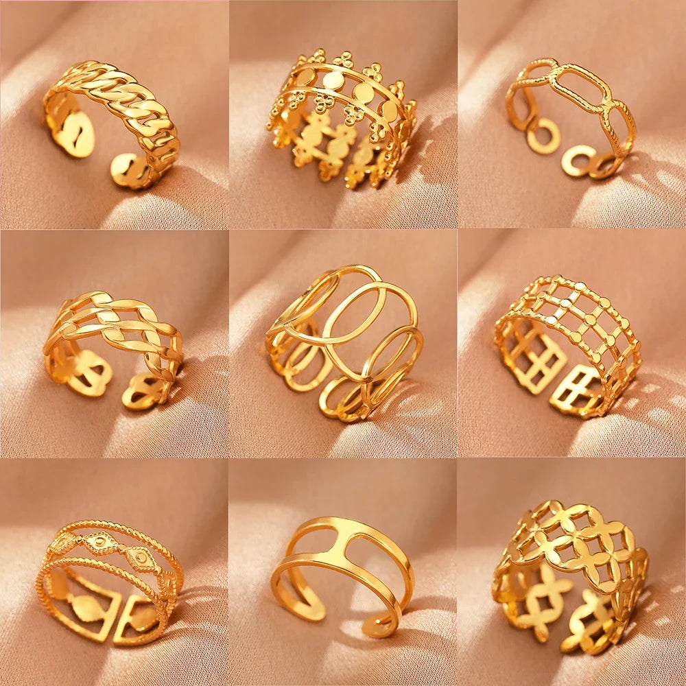 Stainless Steel Rings Vintage Exquisite Hollow Adjustable Open Statement Rings Light Luxury Fashion Rings For Women Jewelry New