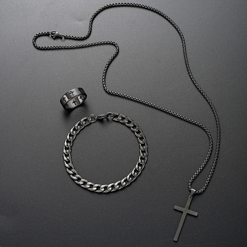 3pcs Set Men's Stainless Steel Metal Cross Pendant Chain Necklace Bracelet Ring Jewelry Set Male Hip Hop Daily Wear Accessories