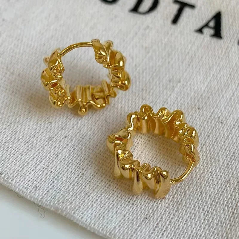 Personality Irregular Wavy Pleated Hoop Earrings for Women New Charm Gold Color Stainless Steel Dangle Jewelry Accessories Gift
