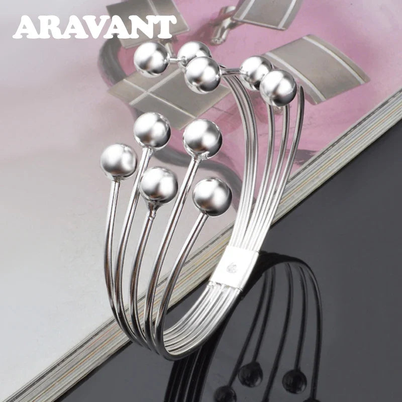 Aravant 925 Silver Multi Line Bead Open Bracelet Bangles For Women Wedding Jewelry Gifts