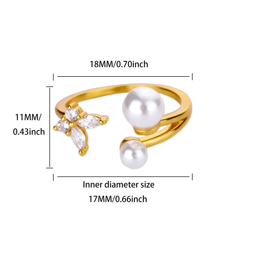 Zircon Butterfly Imitation Pearl Ring For Women Stainless Steel Gold Color Ring 2025 New Fashion Wedding Couple Jewelry Gifts
