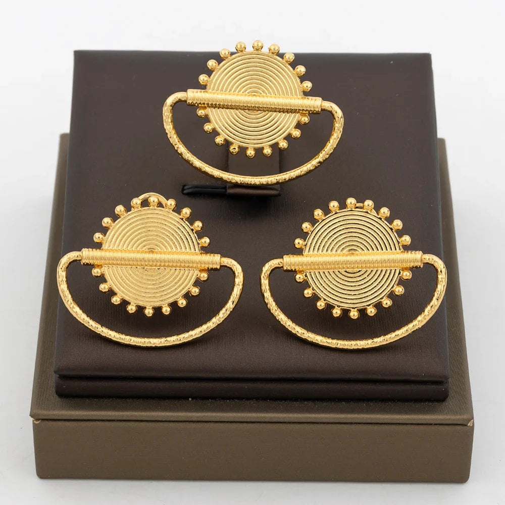 African 18k Gold Color Earrings Ring Jewelry Set for Women Irregular Design Clip Earrings and Finger Ring Set for Weddings Party