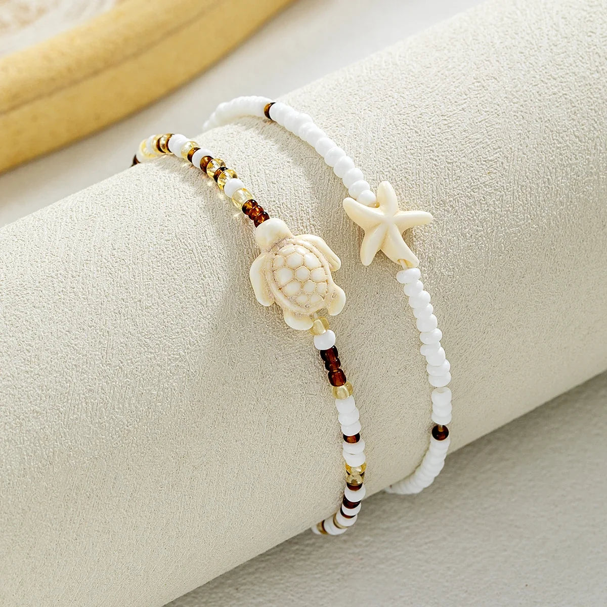2 Bohemian style turquoise starfish turtle ankle chains, double-layer layered mixed color rice bead beach ankle chains