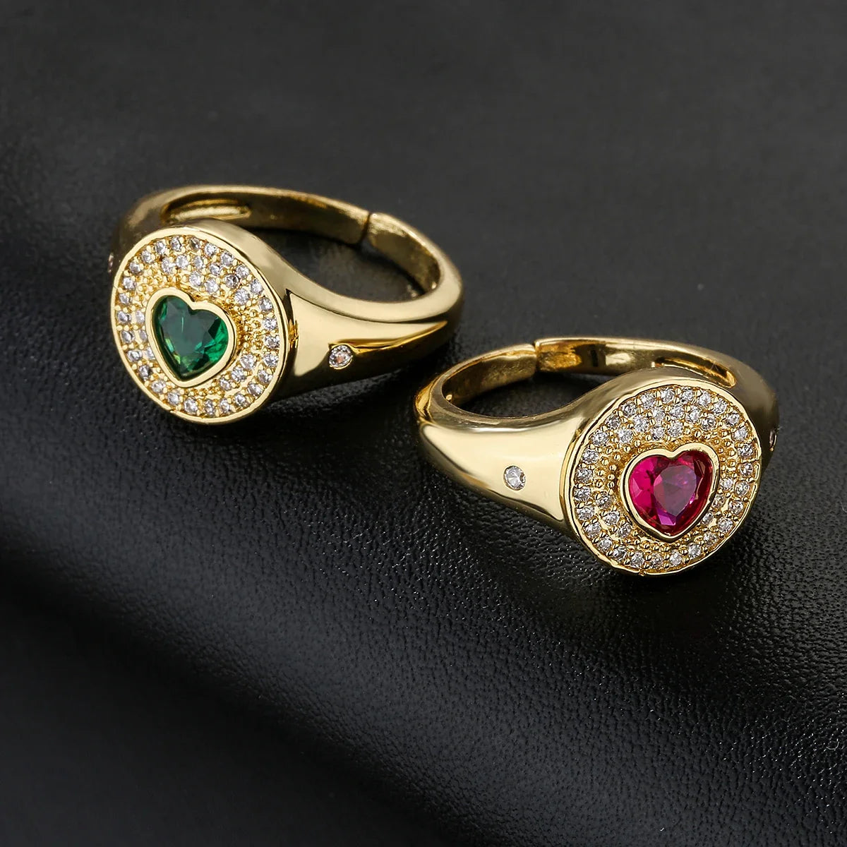NEWBUY 2024 Hot Sale Red/Green CZ Zircon Heart Rings For Women Adjustable Gold Color Copper Wedding Jewelry Femme Bijoux