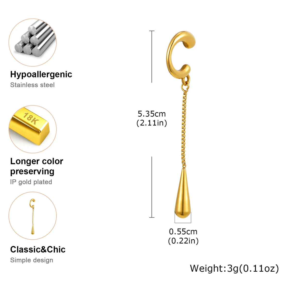C-shaped Metal Teardrop Tassel Ear Cuff Clip Earrings for Women 1piece, No Piercings, Ear Cartilage Clips