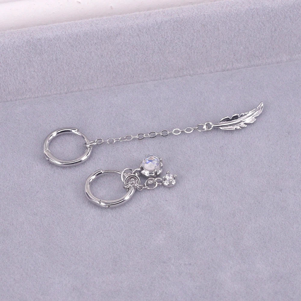 VENTFILLE 925 Sterling Silver Asymmetric Feather Earrings White Moonstone Pendant Earrings Ladies Gifts Handmade Jewelry