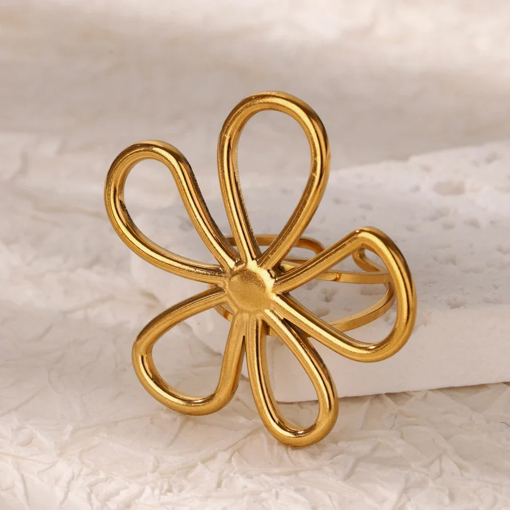Stainless Steel Exaggerated Big Flower Rings For Women Gold Color Sunflower Finger Ring Female Fashion Aesthetic Jewelry Gift