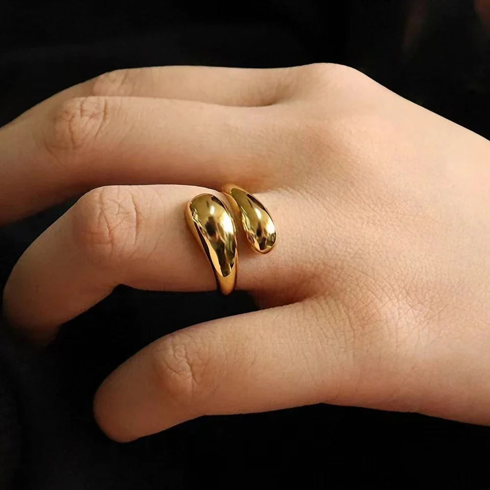 SUNIBI Double Opening Ring for Woman Golden Glossy Feather Design Ring 316 Stainless Steel Women's Fashion Jewelry Wholesale