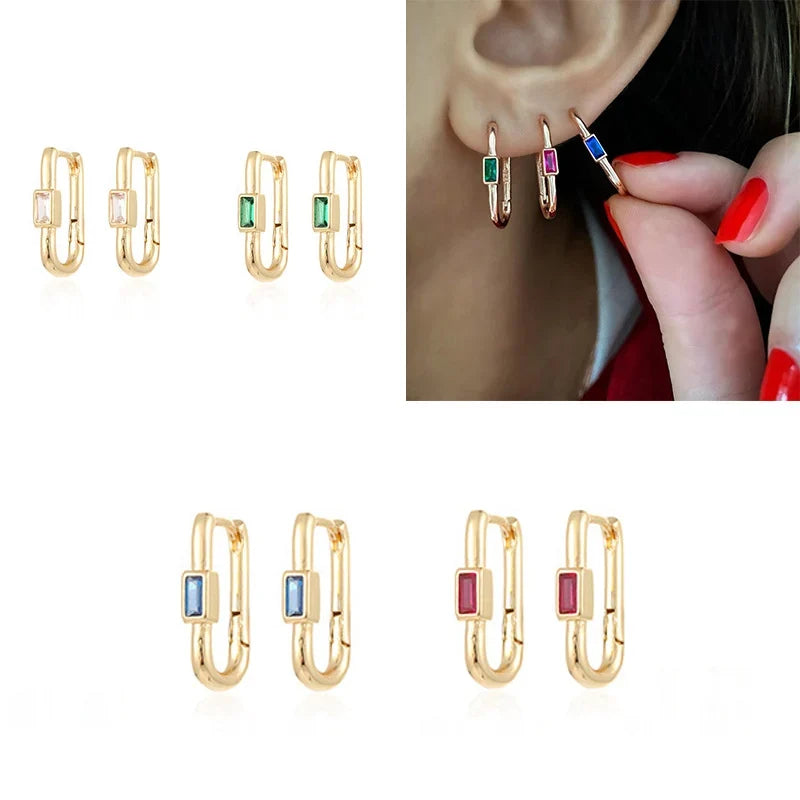 1pair Women's Colorful Zircon Square Ear Clip Geometric U-shape Hoop Earrings Daily Party Pairing With Jewelry