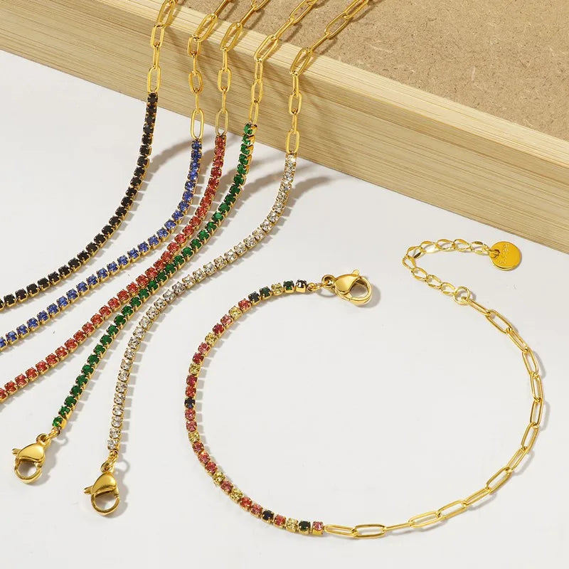 2mm Thin Colorful CZ Stainless Steel Stackable Chain Bracelet for Women Girl