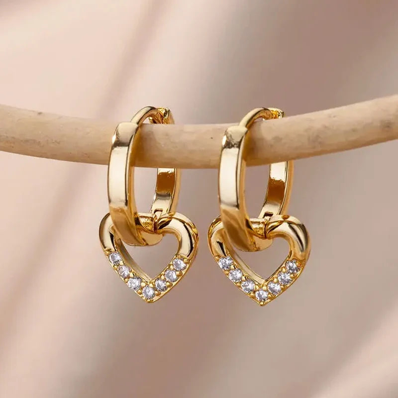 Heart Stainless Steel Earrings for Women Zircon Gold Color Hoop Earring Aesthetic Waterproof Ear Piercing Jewelry Accessories