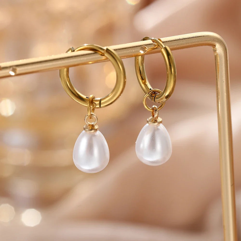 Stainless Steel Teardrop-Shaped Imitation Pearl Pendant Earrings Women's Everyday Commute Elegant Style Ear Jewelry Accessories