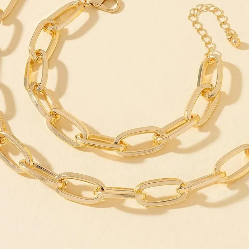 2 PCS Set Gold Color Link Chain Necklace Bracelet Set Punk Bracelet Big Link Chain Dubai Africa Party Jewelry Set Gift FOr Women