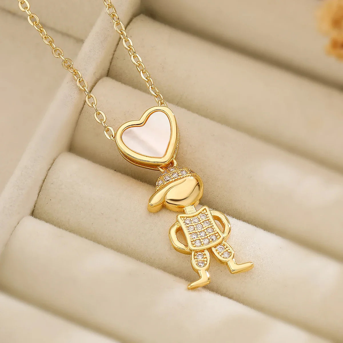 NEWBUY Delicae Gold Color Heart Boy & Girl Pendant Necklaces For Women Shiny CZ Inlay Jewelry Mother's Day Gift