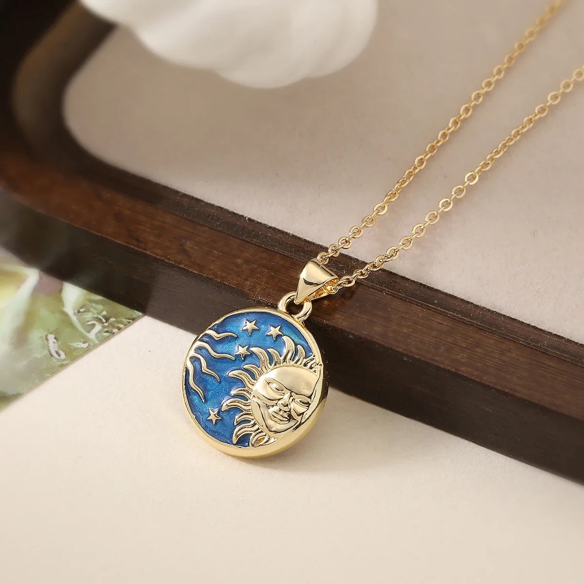NEWBUY Delicate Blue Oil Dripping Star Moon Sun Round Pendant Necklaces For Elegant Women Bitrhday Gift