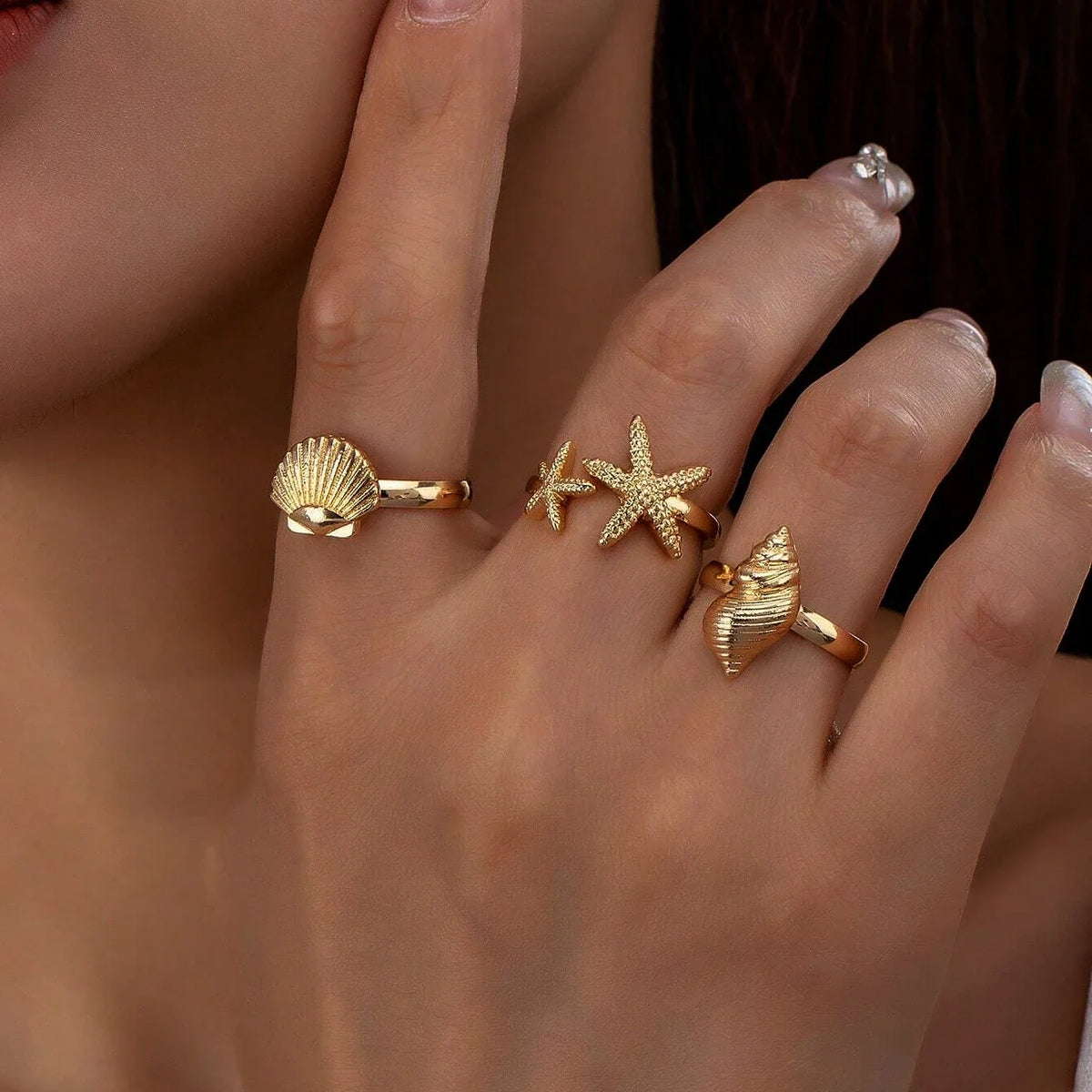 Starfish Shell Conch Stainless Steel Open Rings For Women Gold Color Adjustable Finger Ring Fashion Sea Vacation Jewelry Gifts