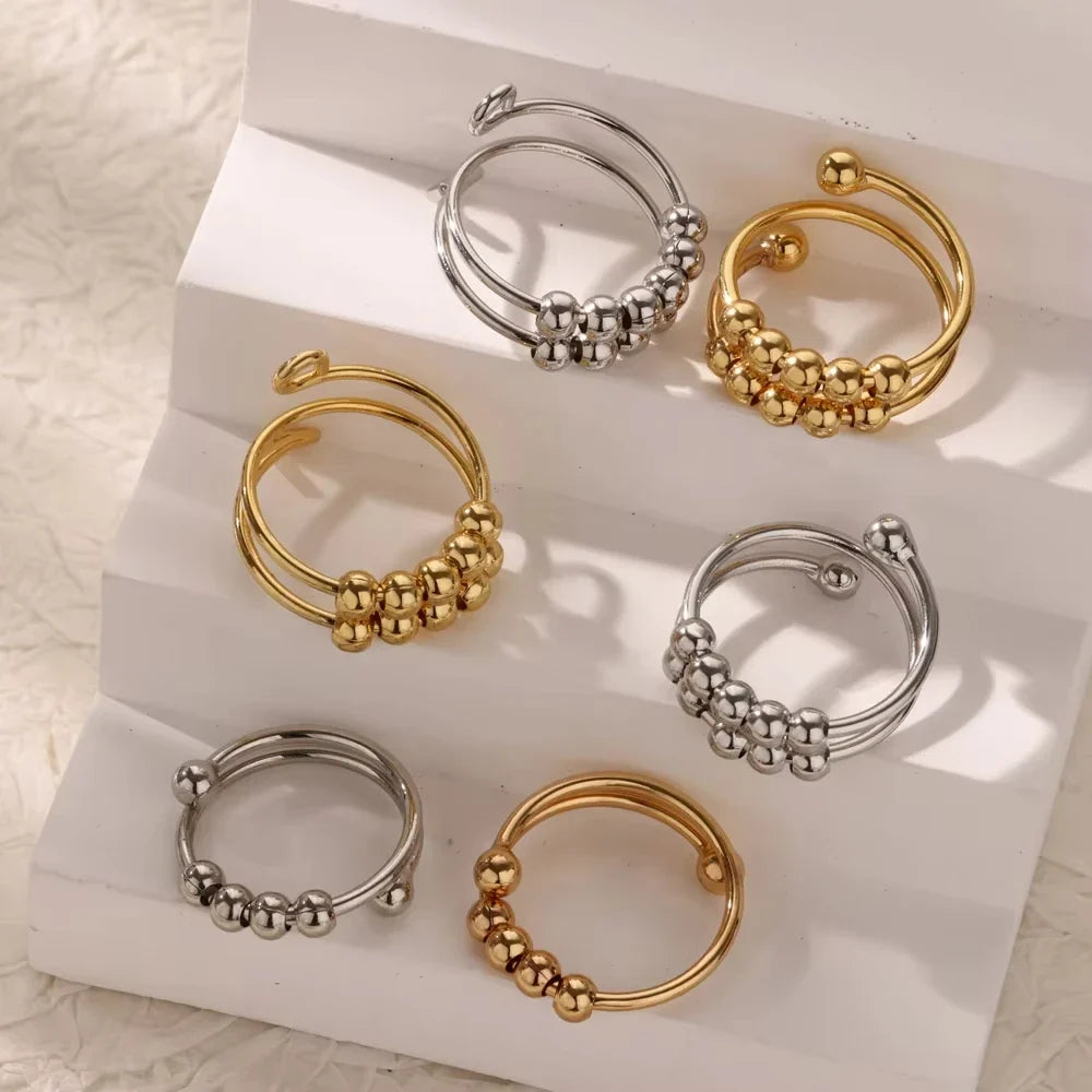 Anti-Stress Rotating Beads Rings for Women Men Gold Color Stainless Steel Double Smooth Beads Finger Ring Party Jewelry Gift
