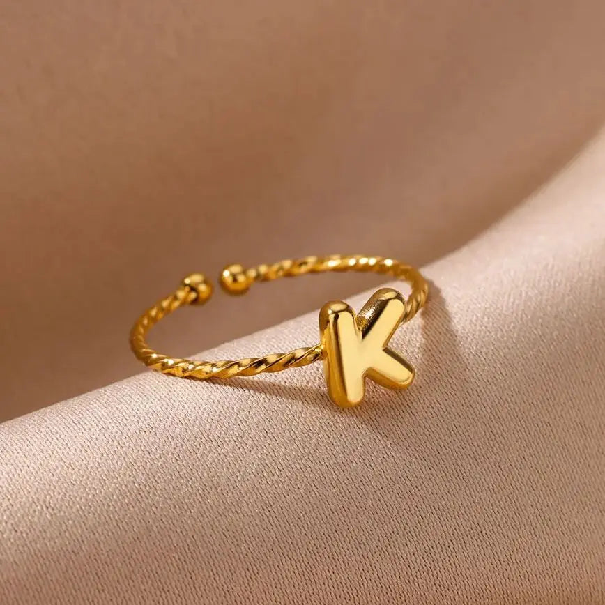 Cute Chunky Initial Letter Rings For Women Gold Color Stainless Steel A-Z Letter Adjustable Ring Aesthetic Wedding Jewelry Gift