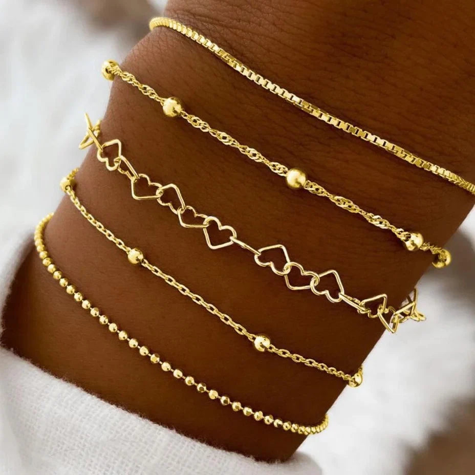 New 5Pcs/Set Gold Color Elegant Love Bangle Retro Multilayer Bracelets Set For Women Female Fashion 2024 Trendy Jewelry Gift