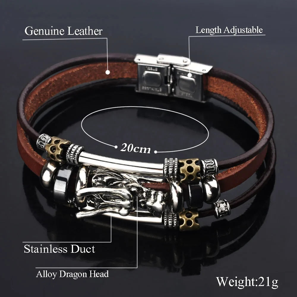 Trend Personalized Jewelry Handmade Leather Dragon Bracelet Men Vintage Multilayer Bracelets Bangles Cuff Bracelet Pulsera