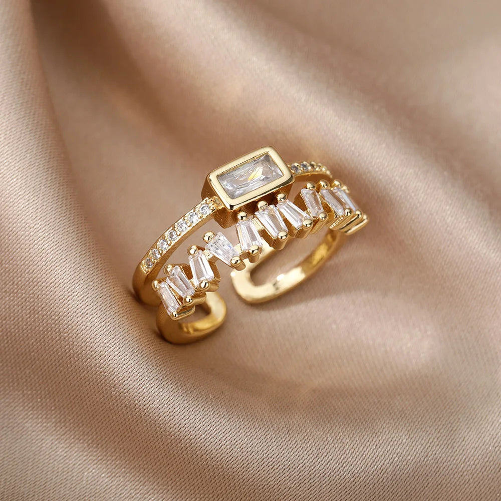 Gold Color Cubic Zircon Rings For Women Open Stainless Steel Green Luxury Crystal Finger Ring Boho Jewelry Wedding Party Gift