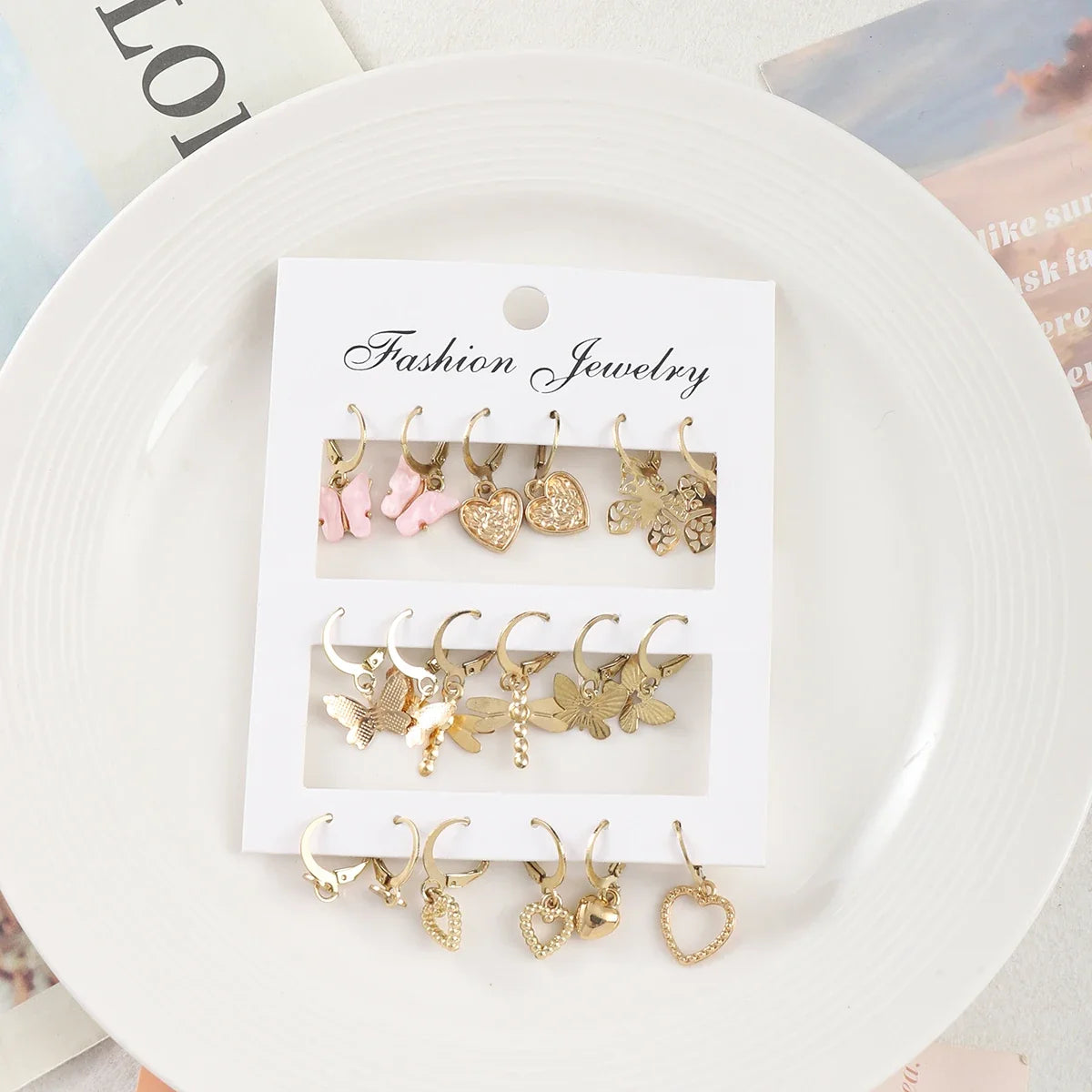 9 Pairs/ Set Exquisite Butterfly Heart Dragonfly Design Dangle Earrings Simple Vacation Style Delicate Holiday Earrings
