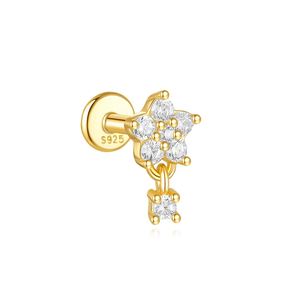 CANNER 1PC Four Pointed Star Moon Tassel Lotus Cartilage Spiral Puncture 925 Sterling Silver Stud Earring For Women Ins Earring