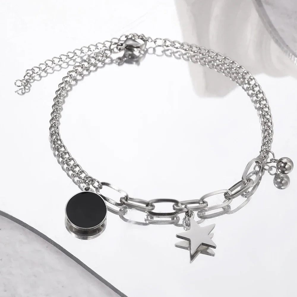 Stainless Steel Bracelets Retro Star Pendant Paperclip Chain Black Light Luxury Bracelet For Women Jewelry Holidays Banquet Gift