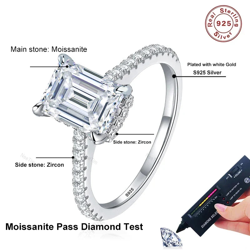 NeeTim 1ct 2ct 3ct Emerald Cut Moissanite Rings for Women 925 Sterling Silver Lab Diamond Wedding Engagement Ring Gemstone Band