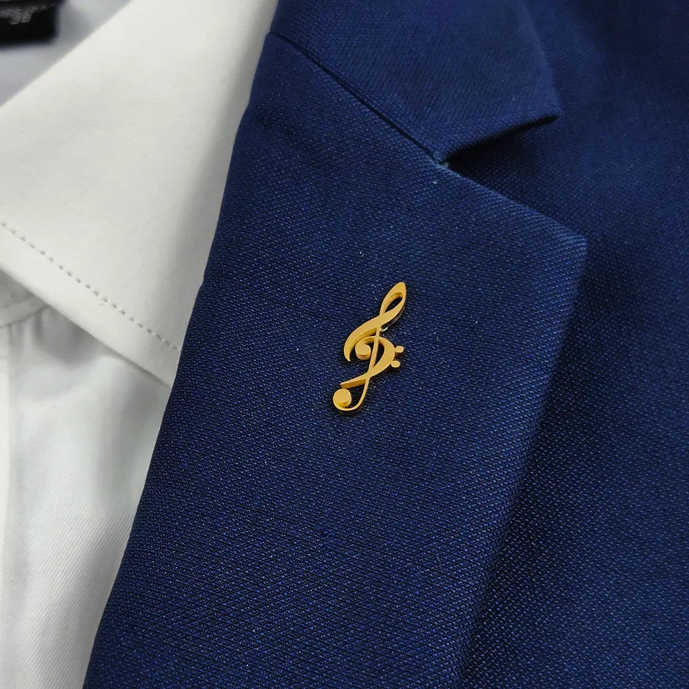 New music symbol men's lapel pin, 316L stainless steel gold-plated badge, black brooch for suit accessories, gift for father