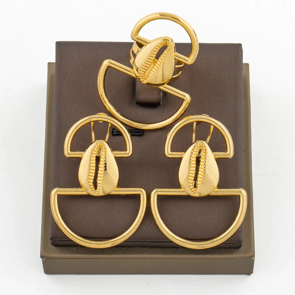 Gold Plated Earrings and Ring Jewelry Set for Ladies Exquisite Hook Earring Finger Ring Daily Wear for Party Anniversary Gifts
