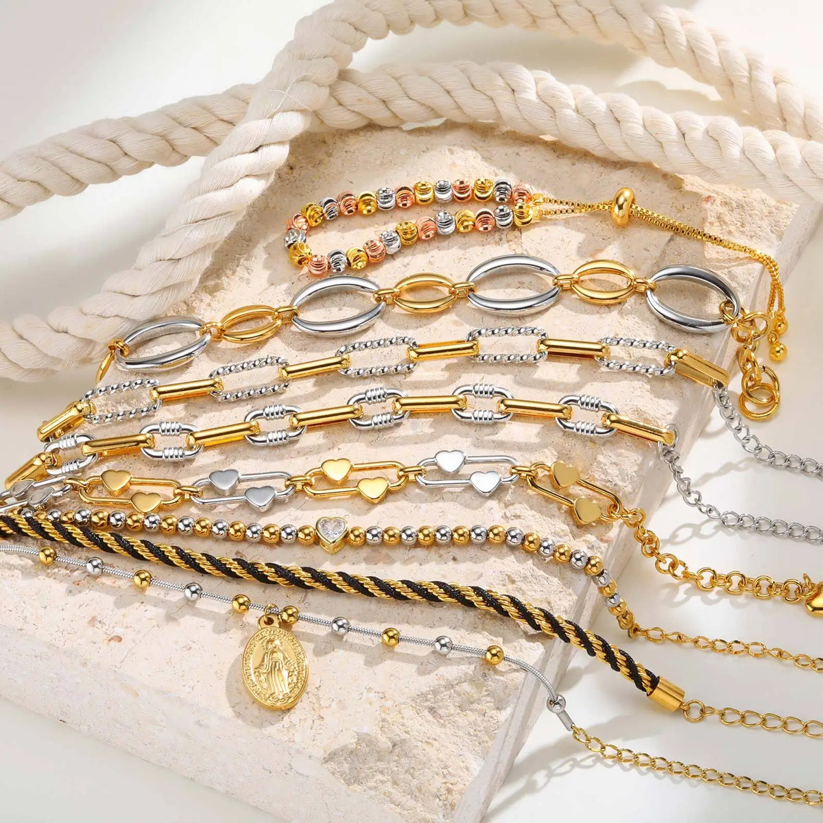 Two Tone Chain Bracelet for Women, Chunky Mixed Metal Link, Stainless Steel Waterproof Jewelry, Stylish Adjustable Wristband