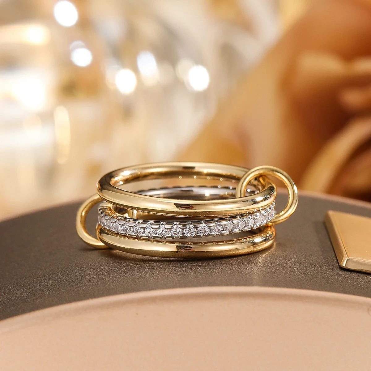 A Niche Two-Color Four-Ring Copper Jewelry Ring, Hypoallergenic, Ins Style, Stacking Artifact, Suitable For Young Women