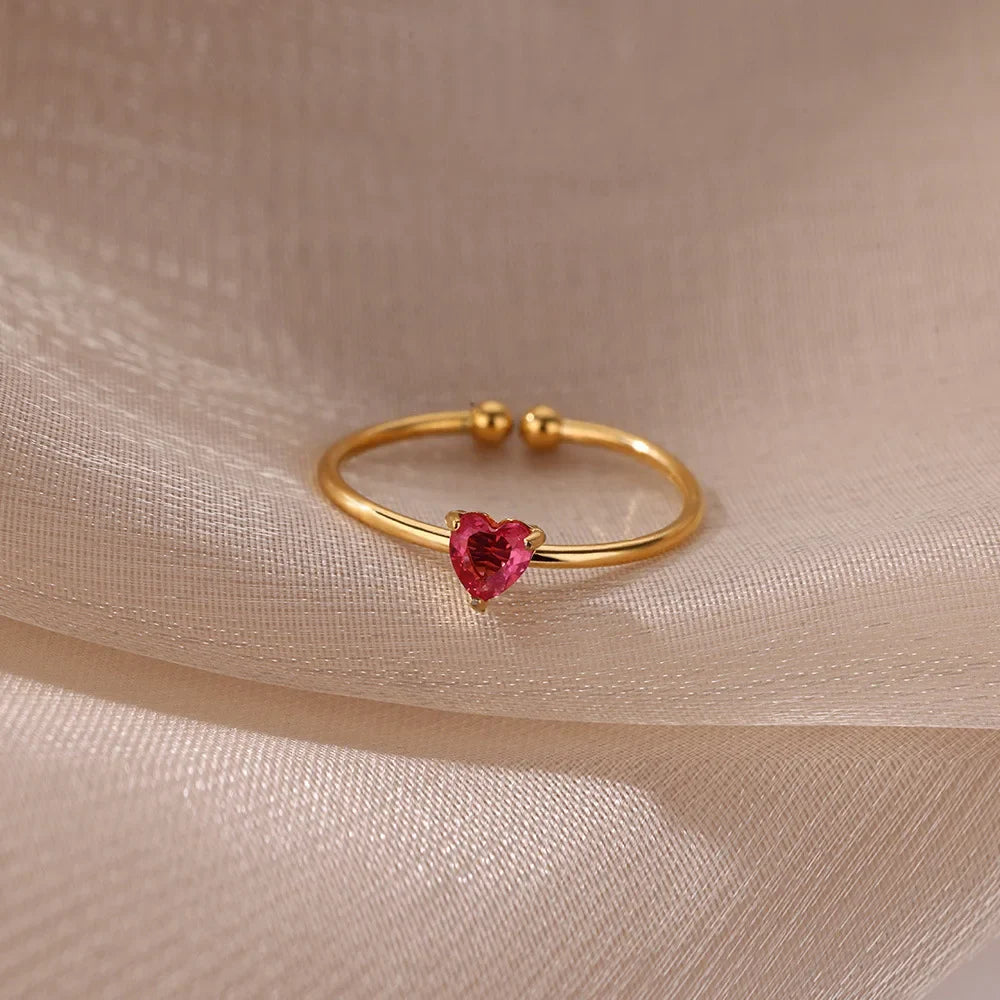 Stainless Steel Birthstone Open Rings for Women Fashion 12-color Crystal Zircon Heart Ring Birthday Aesthetic Jewelry Gift