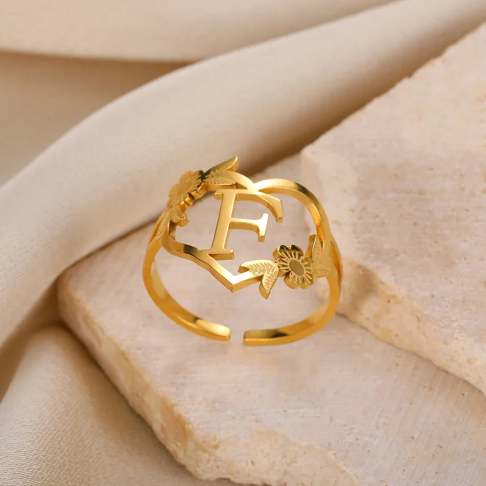 Stainless Steel Initials Letter Heart Rings for Women Girls Gold Color Flower Alphabet Ring Fashion Valentine's Day Jewelry Gift