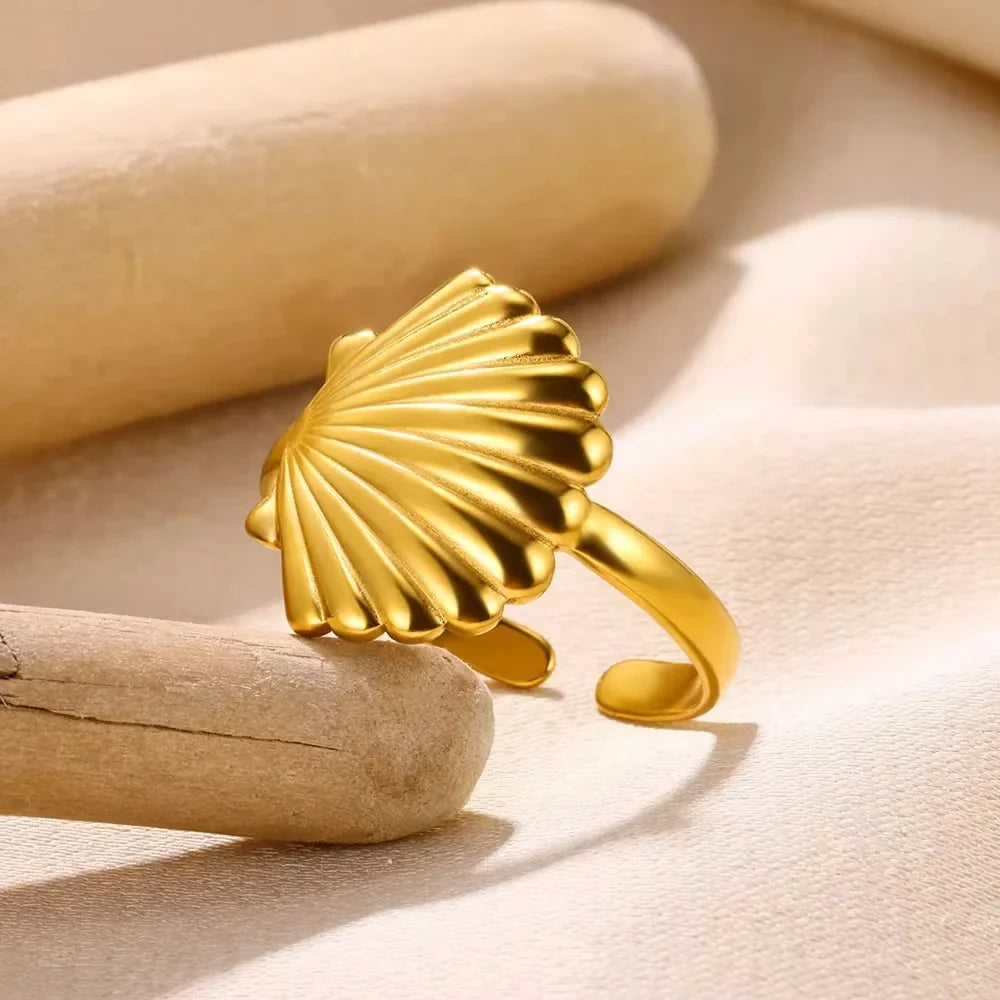 Starfish Shell Conch Stainless Steel Open Rings For Women Gold Color Adjustable Finger Ring Fashion Sea Vacation Jewelry Gifts