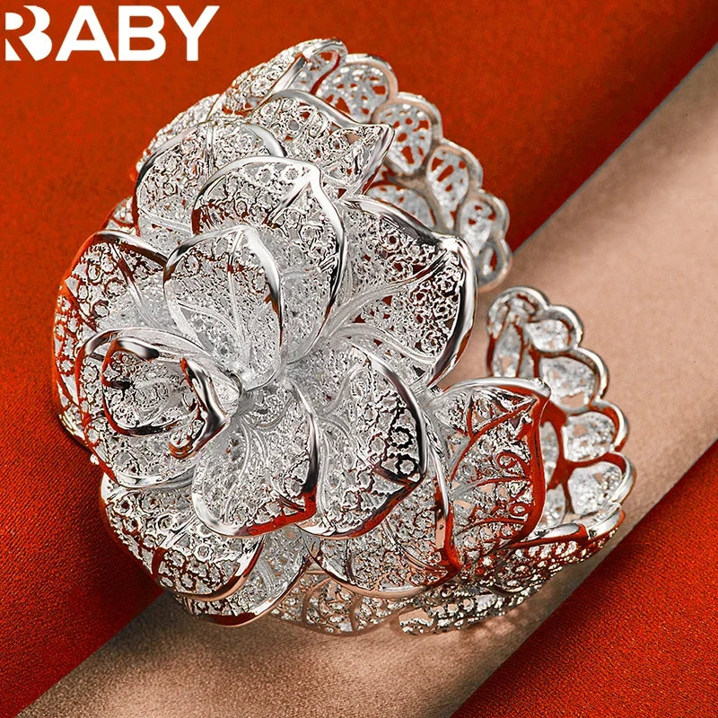 925 Sterling Silver Exquisite Pretty Camellia Flower Bracelet Bangles For Woman Charm Jewelry Wedding Engagement Fashion Party