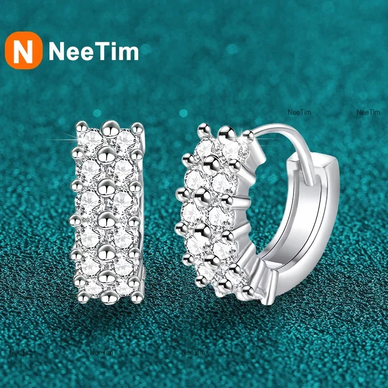 NeeTim 2mm Full Moissanite Earrings Women Luxury Quality Party S925 Sterling Silver with White Gold Plated Hoop Wedding Earring