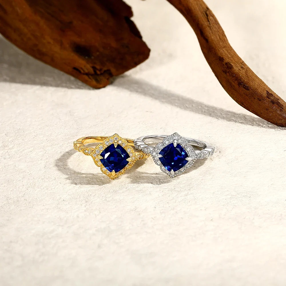 MINTYBOX S925 Silver 2.0ct Cushion Sapphire Engagement Rings for Women Lab Gemstone Halo Ring Wedding Fine Jewelry Bride's gift
