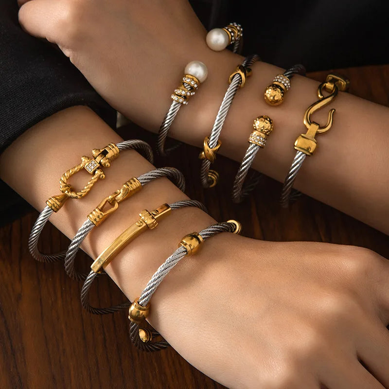 1pcs Stainless Steel Gold-plated Bangle Trendy Retro Hip-hop Style Bracelet Fried Dough Twists Steel Wire Rope Colorfast Bangle