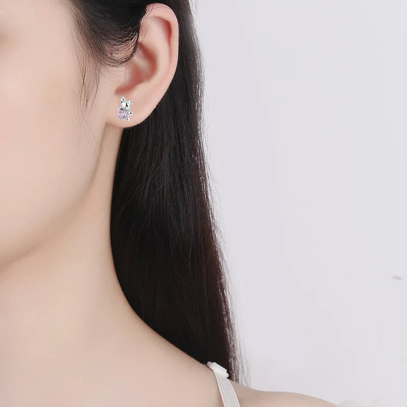 925 Sterling Silver Adorable Bear Ear Studs Screw-On Ear Plugs Stylish Ear Jewelry Exquisite Gift