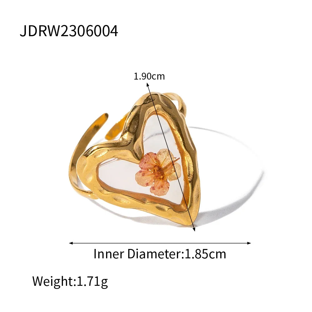 Light Cozy 18k Gold Plated Minimalist Polygonal Dry Flower Opening Ring Women Personalized Stainless Steel Statement Jewelry