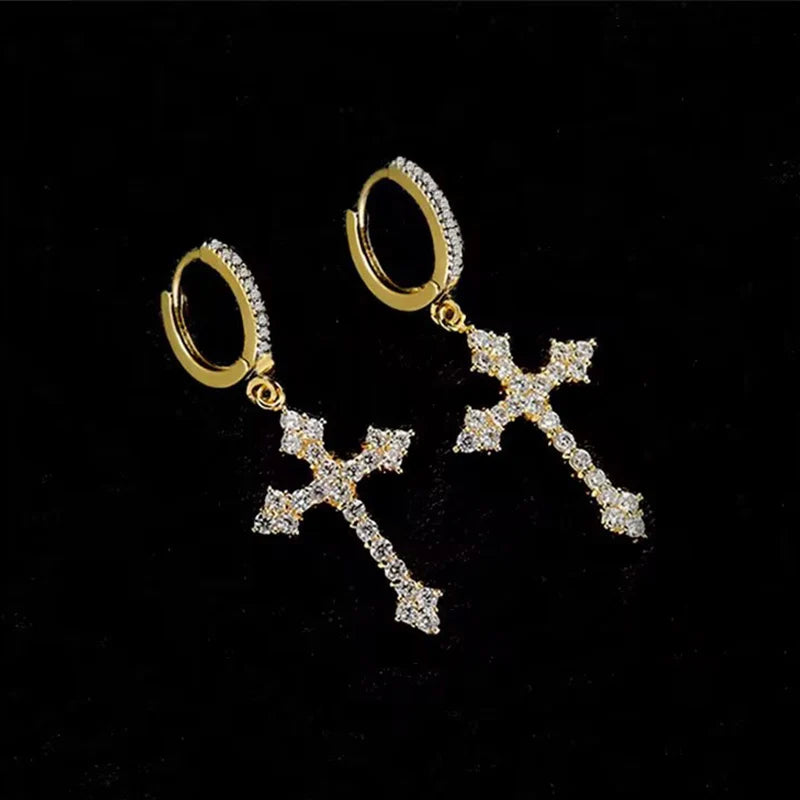 Creative Diamond Cross Earrings Stud Male Female Niche Design High-grade Trendy West Coast Hip Hop Hipster Style