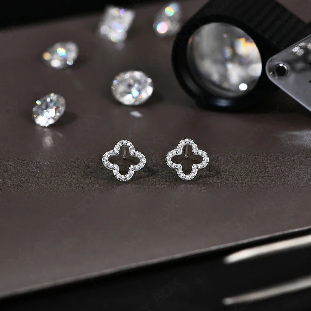 MINTYBOX S925 Sterling Silver Moissanite Diamond Stud Earrings for Women Clover 18k White Gold Plated Flower Wedding Fine Jewelr
