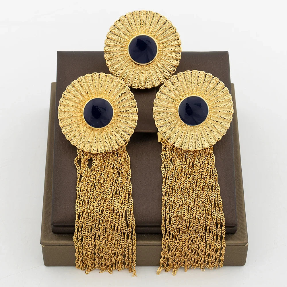 Luxury Tassel Earrings with Ring Set for Dubai African Gold Color and Black Color Matching Jewelry Set Square Design Earrings