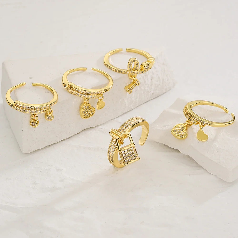 NEWBUY Unique Design Heart Lock Love Open Rings For Women Girl Gold Color High Quality Engagement Jewelry Femme Bijoux