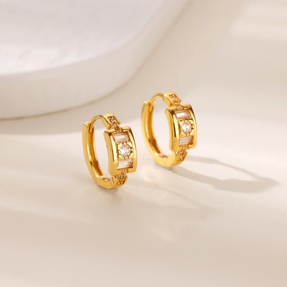 Cubic Zirconia Hoop Earrings For Women Luxury Crystal Zircon Gold Color Stainless Steel Earring Jewelry Wedding Party Gift